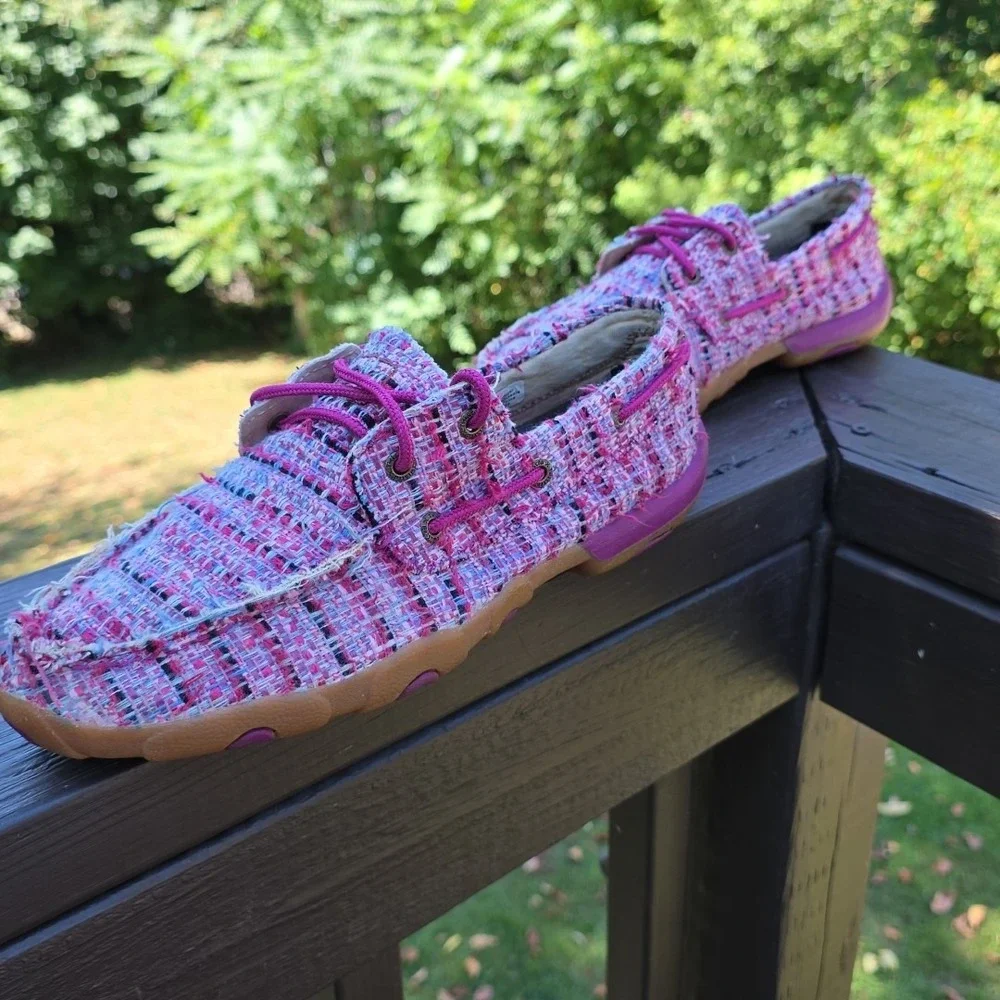 Twisted X Boots Pink Plaid Burlap Driver‎ Loafers Women's 8.5